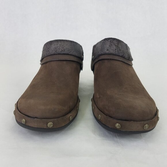 Merrell Luxe Wrap Mule Women's 6 Brown Suede Leather Clog Metal Rivets Cone Heel - Picture 3 of 16